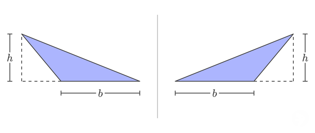 the vertex extending beyond the base to either side, shown as mirror images across a vertical axis of reflection